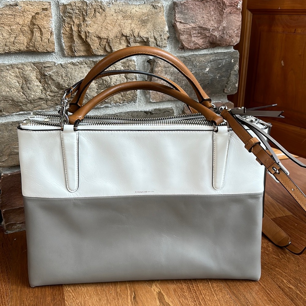 Genuine leather color blocked coach tote